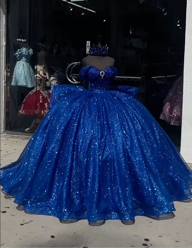Royal Blue Quinceanera Dresses Off the Shoulder Shinny Tull Sweet 16 Vestidos fg7510