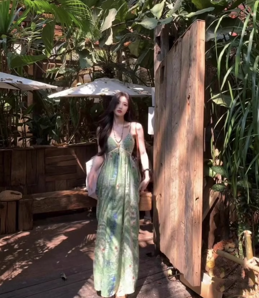 Travel wear women's green gradient suspender dress seaside holiday style summer beautiful small skirt R0434