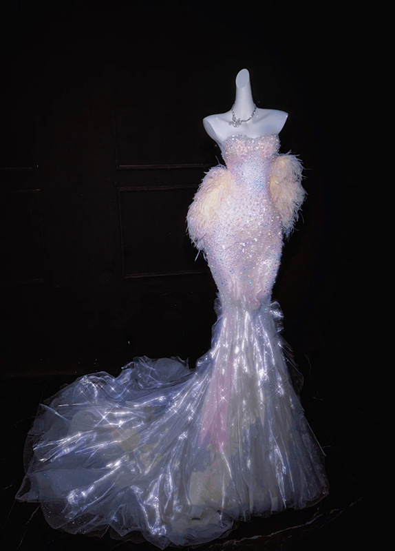 Pink Diamond Strapless Waist Slim Fishtail Skirt Long Bridal Dress R5721