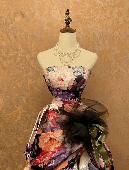 Vintage Floral Print Strapless Waist-Cinched Slim-Fit Floor-Length Ball Gown, Bridal Gown R7360