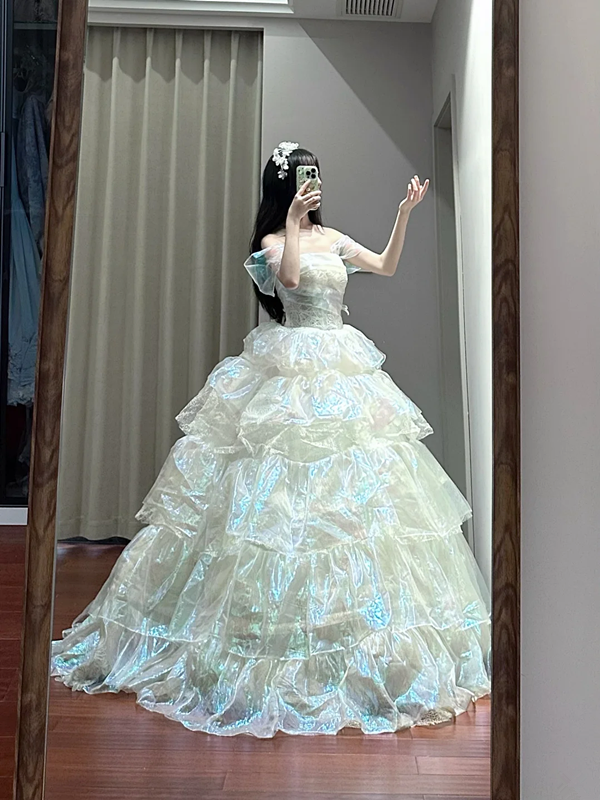 White off-the-shoulder, fitted waist, tiered, full skirt, long ball gown R8638