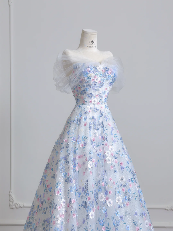 Light blue floral print fitted A-line skirt elegant ball gown, bridal dress R8221