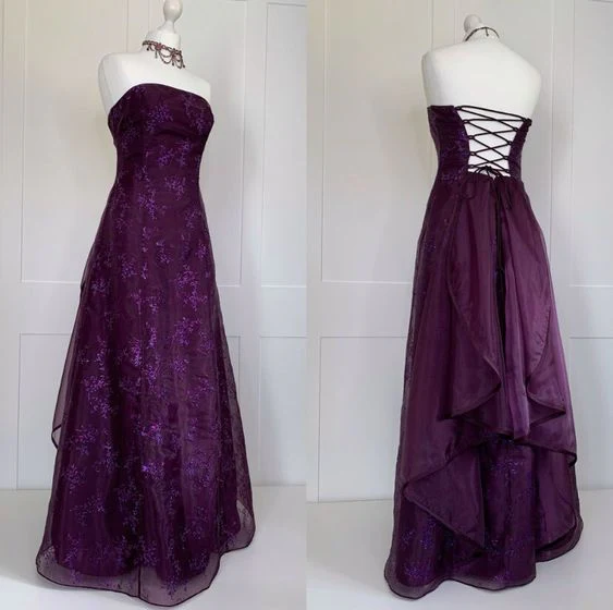 A Line Strapless Grape Lace Long Prom Dresses Evening Dress fg8518
