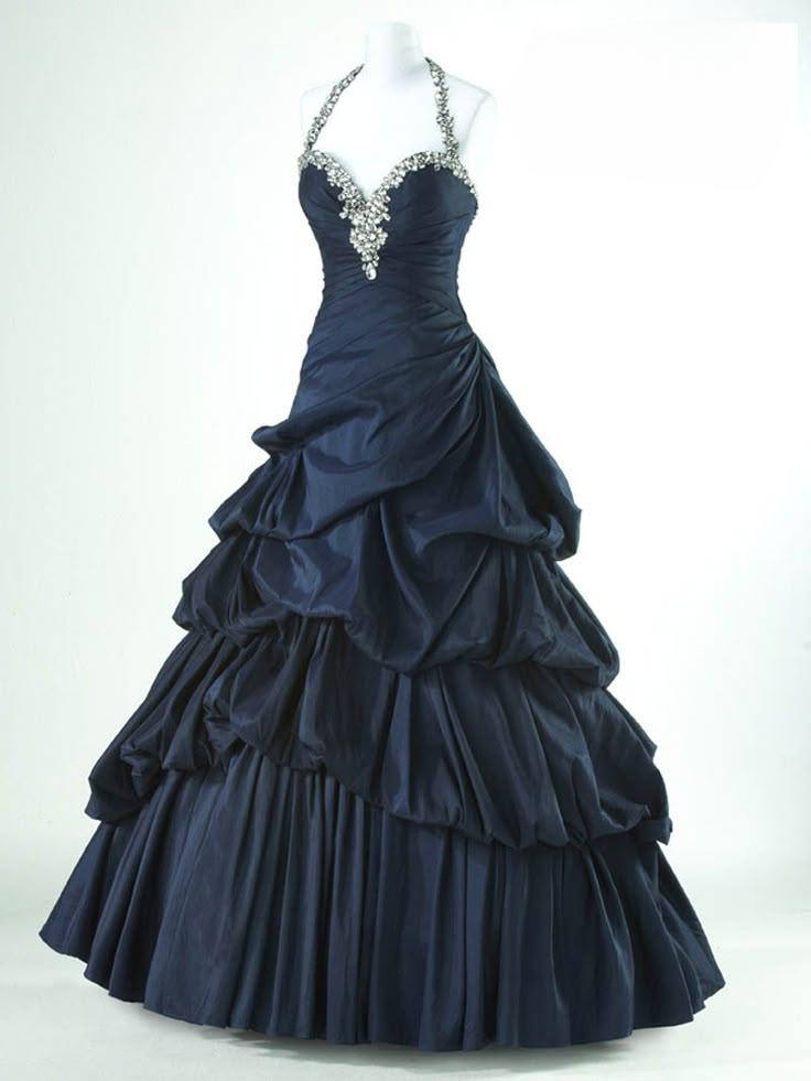 Dark Navy Halter Neck A-Line Beading Vintage Long Party Dress Evening Gown, D962
