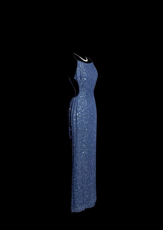 Navy blue sequined halter-neck fitted waist slimming backless hip-revealing long ball gown R6679