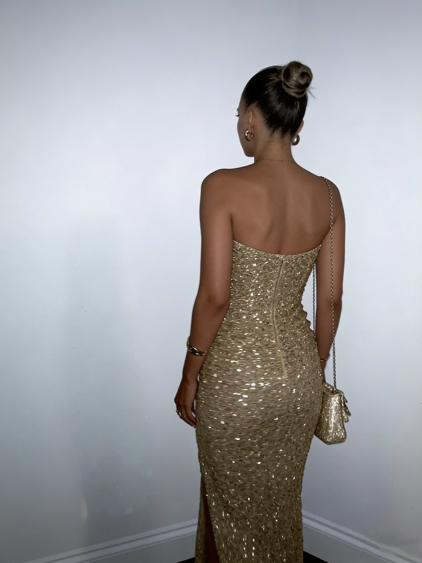 Sparkly Gold Strapless Sequin Mermaid Prom Dress Slit Long Party Dress D1011