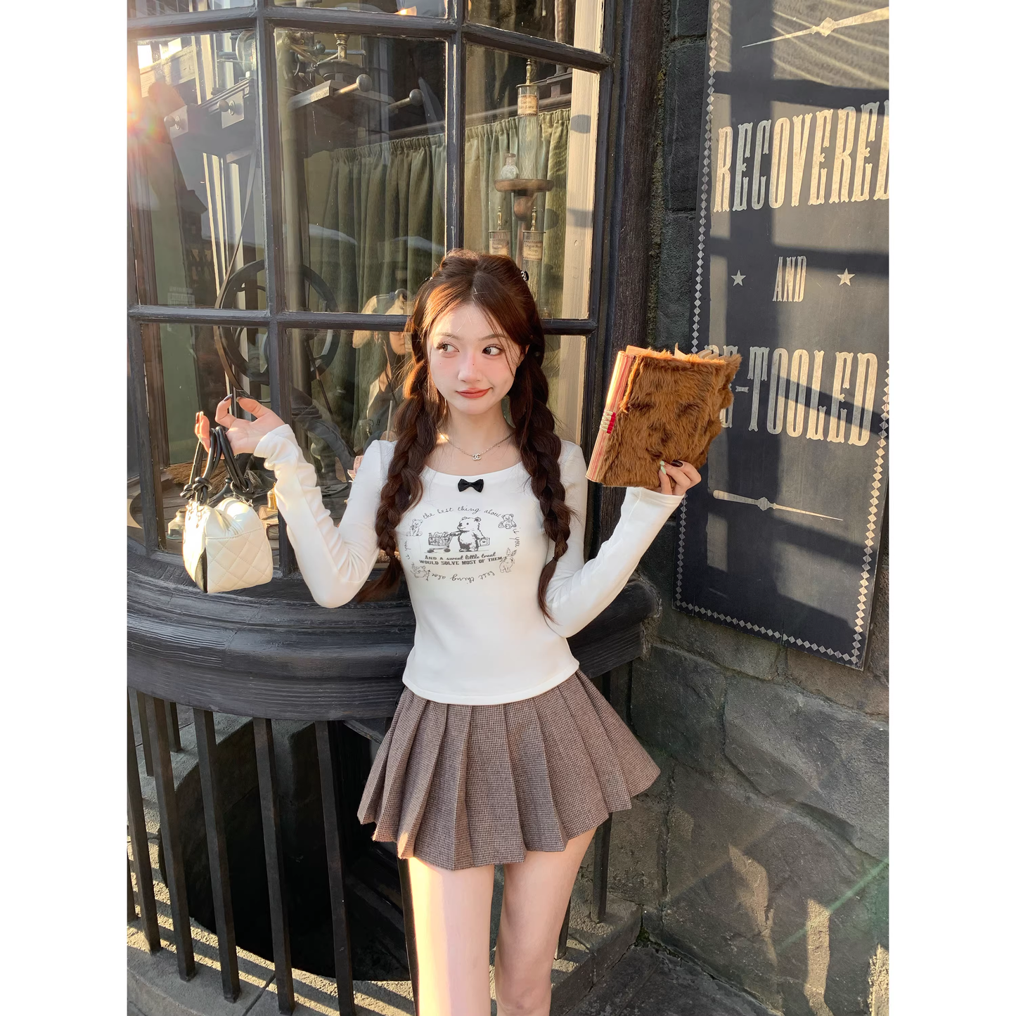 Plush, fitted, printed long-sleeved top for autumn and winter A75