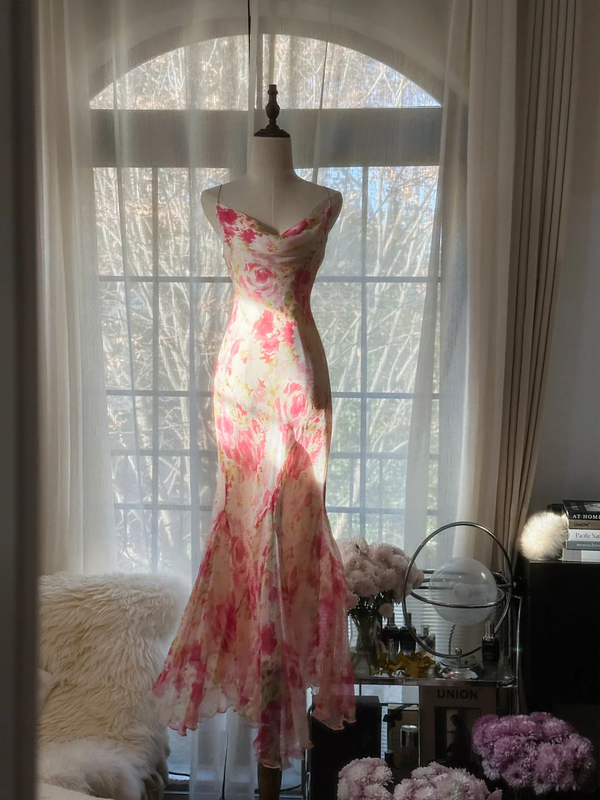Pink floral print halter-neck fitted bodycon long ball gown R7716