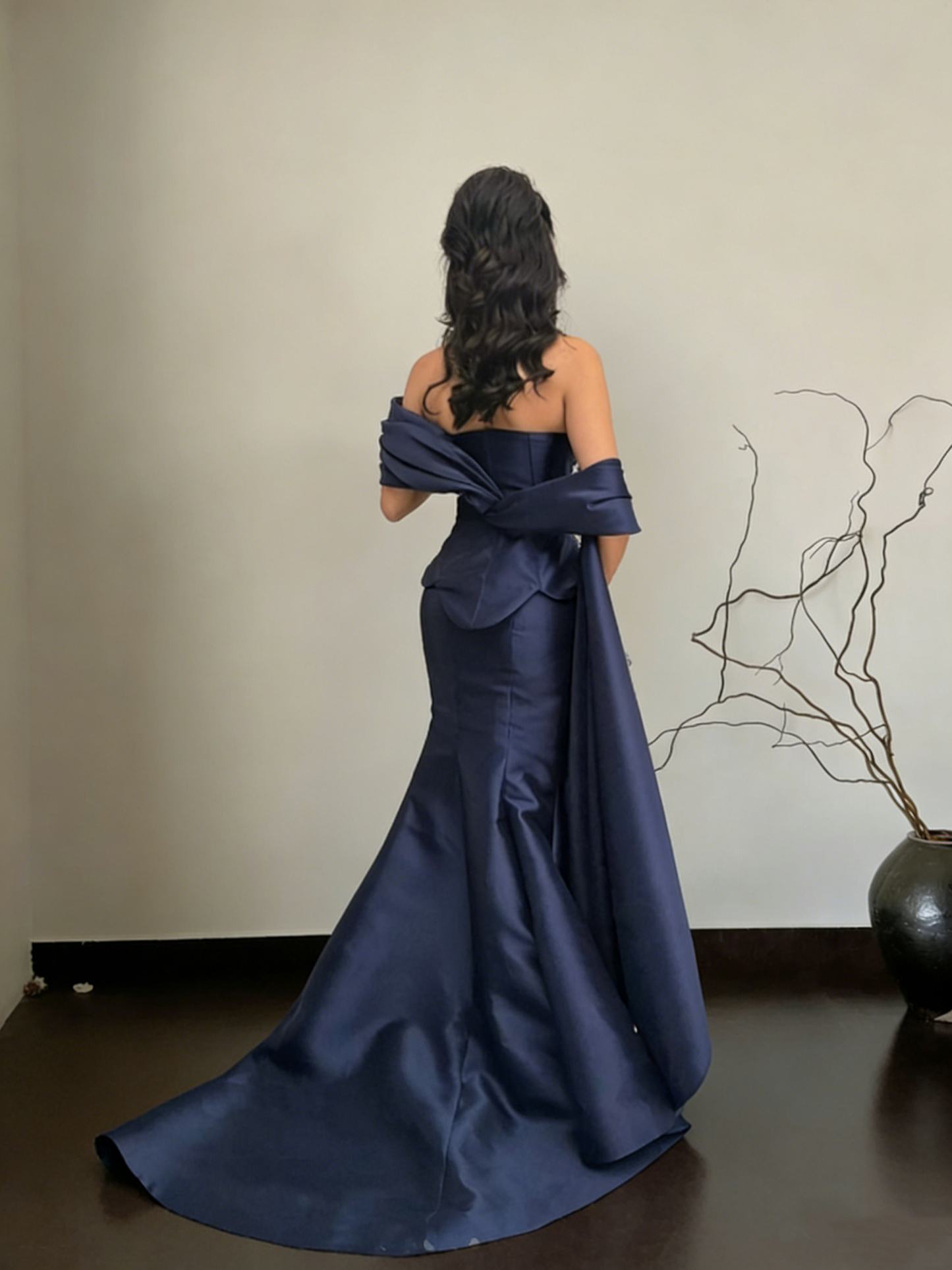 Elegant Navy Blue Off The Shoulder Satin Mermaid Long Party Dress Formal Birthday Prom Dress SP1526