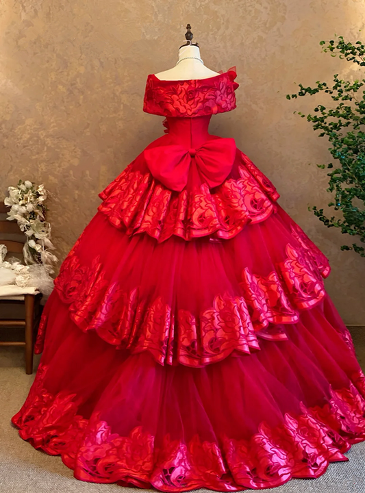 Red Off-the-shoulder Waist-Cinched Puff Tiered Skirt Ball Gown & Bridal Gown R7395