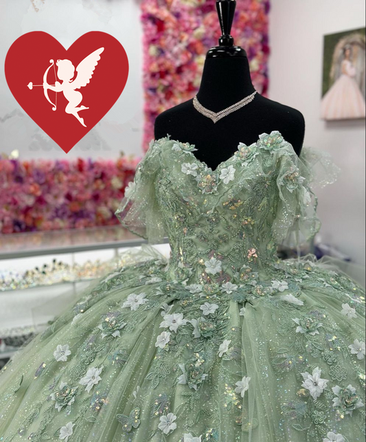 Sage Green Quinceanera Dresses With 3D Flowers Sweet 15 Birthday Ball Gown Y2614