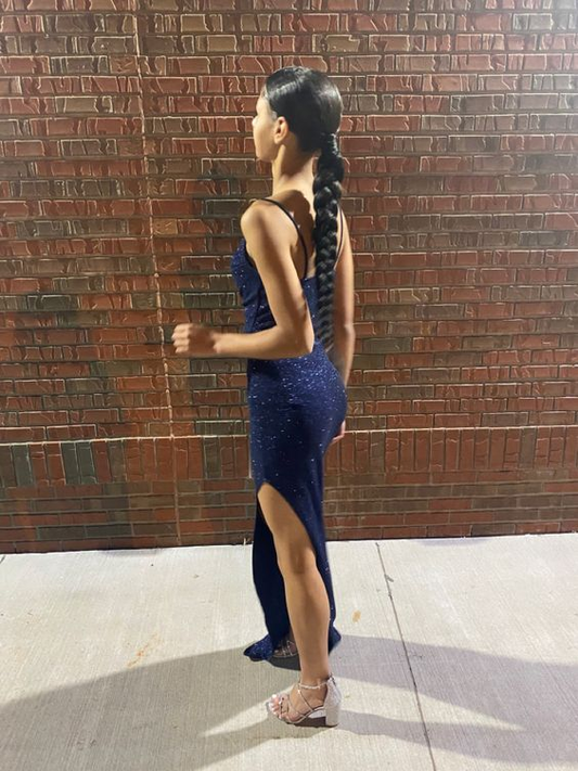 Shiny Navy Blue Sheath Evening Dress,Navy Blue Evening Gown Y6359