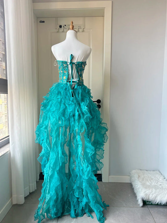 New Homecoming Dress Sweetheart Rinestone Cascade Hi-Lo Back to School Outfits Party Dress D6485