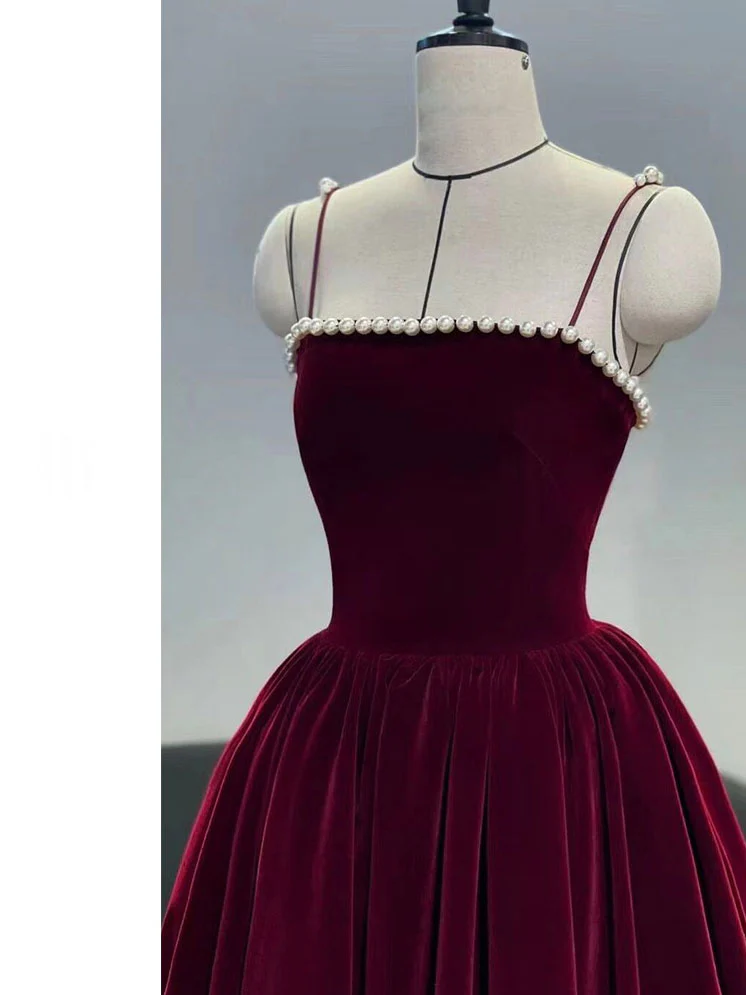 Simple burgundy tea length prom dress, burgundy homecoming dress MD7234