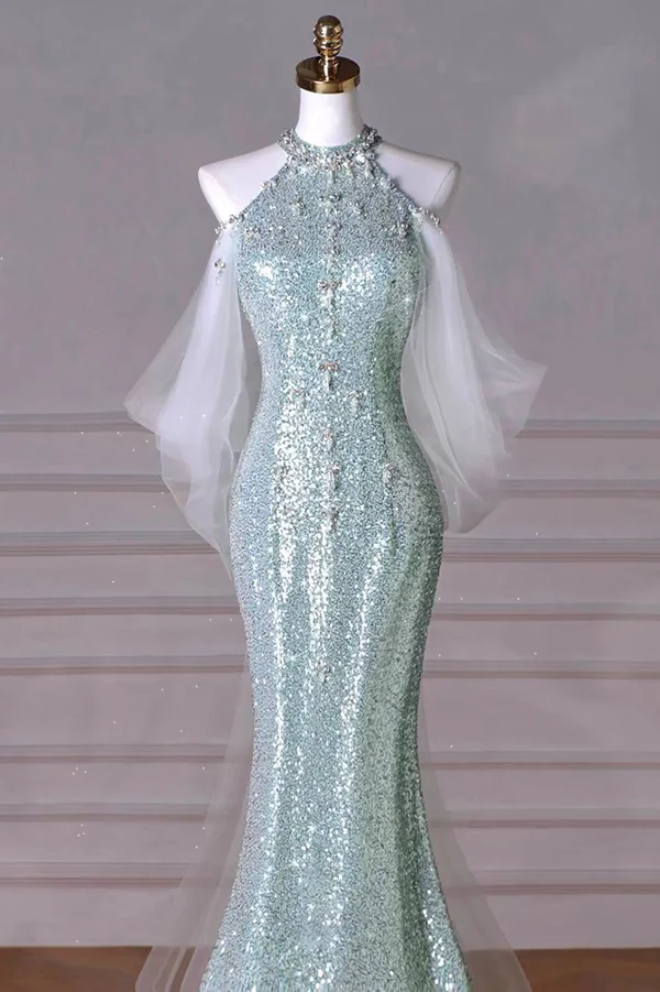 Mint Green Sequins Removable Sleeves Halter Long Prom Gown, Formal Dresses MD7241