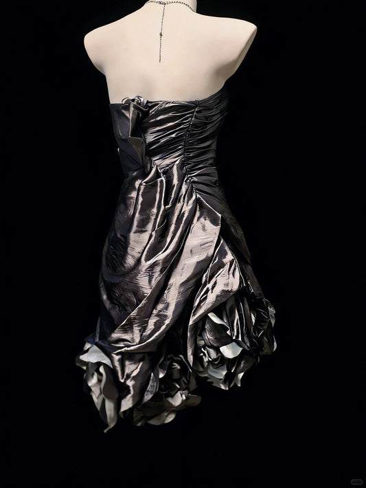 Elegant Homecoming Dress Strapless Pleated Flower Back to School Outfits Party Dress D6446