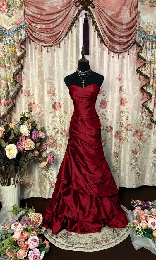 Stylish Strapless Red Satin Pleated Mermaid Evening Dress Long Birthday Prom Dresses SP942