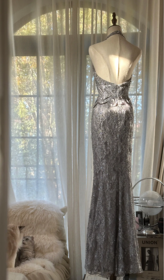 Gorgeous Silver Gray Halter Lace Mermaid Long Party Dress Prom Dresses D2294