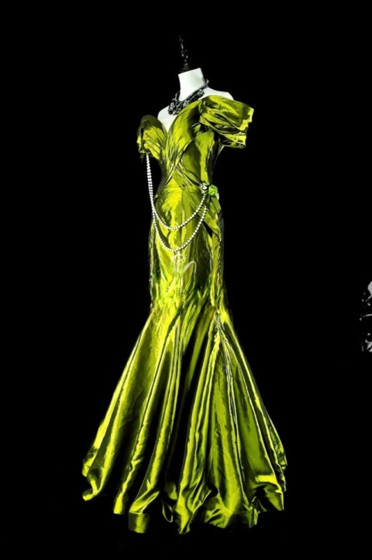 Unique Green Off The Shoulder Satin Pleated Mermaid Evening Dress Long Birthday Party Dress D1947