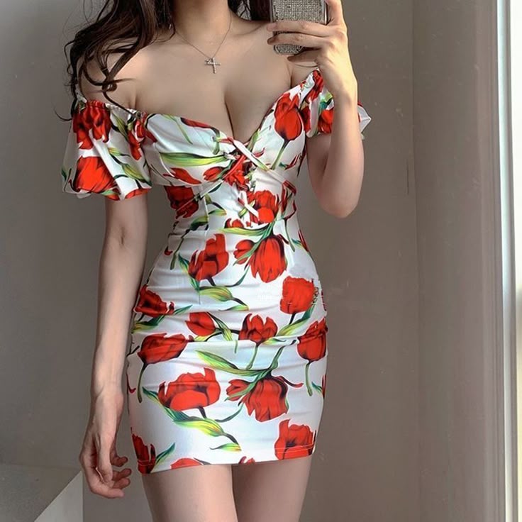 White background red flower V-neck waist sexy hip skirt homecoming dress R3193