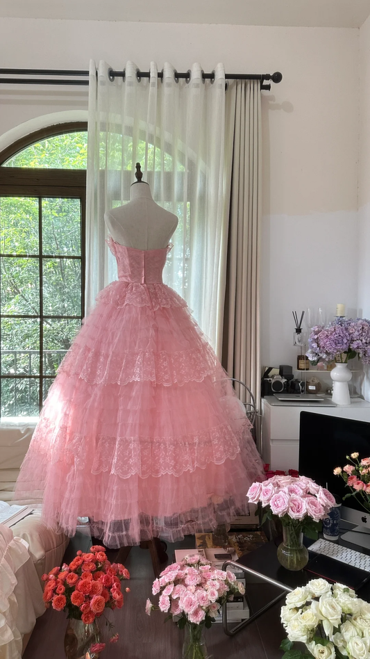 Vintage Pink Strapless Sweetheart Design Romantic Chiffon Tiered Evening Dress Prom Dress D1485