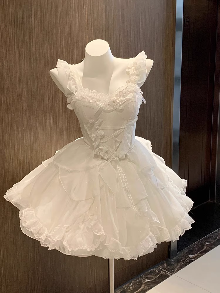 Cute Ball Gown Straps White Chiffon Short Cocktail Dresses Birthday Outfits