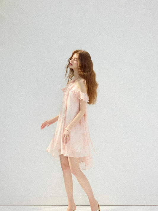 Morning Dew Garden Halter Neck Dress Ruffled Suspender Skirt Holiday Outfit Short Skirt Women Summer R3423