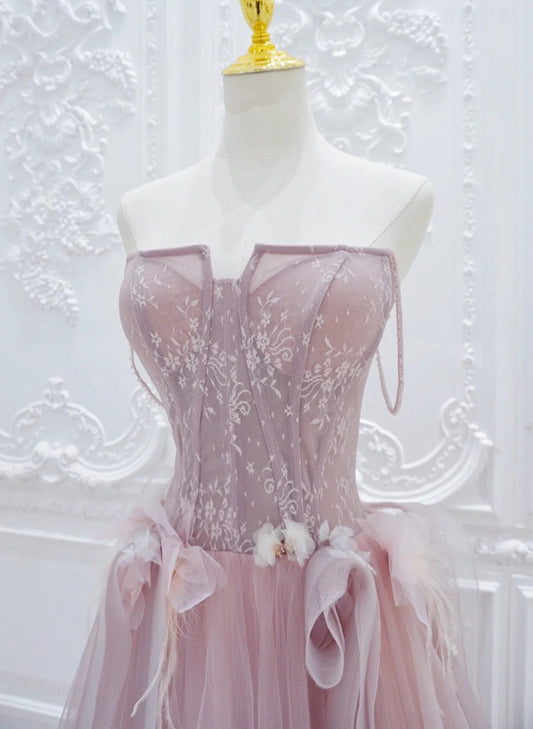 Pink Tulle with Lace A-line Prom Dress, Pink Tulle Party Dress