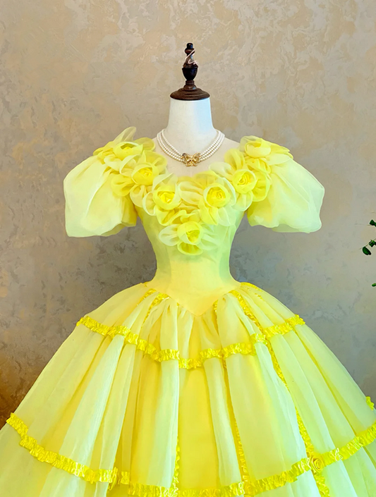 Yellow Puff Sleeve Waist-Cinched Puff-Skirt Ball Gown & Bridal Gown R7398
