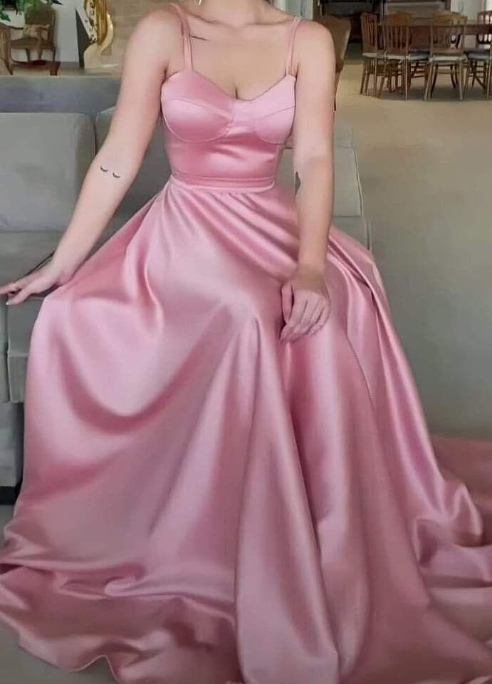 Pink Spaghetti Straps A-Line Satin Birdesmaid Dress Long Party Dress MD7368