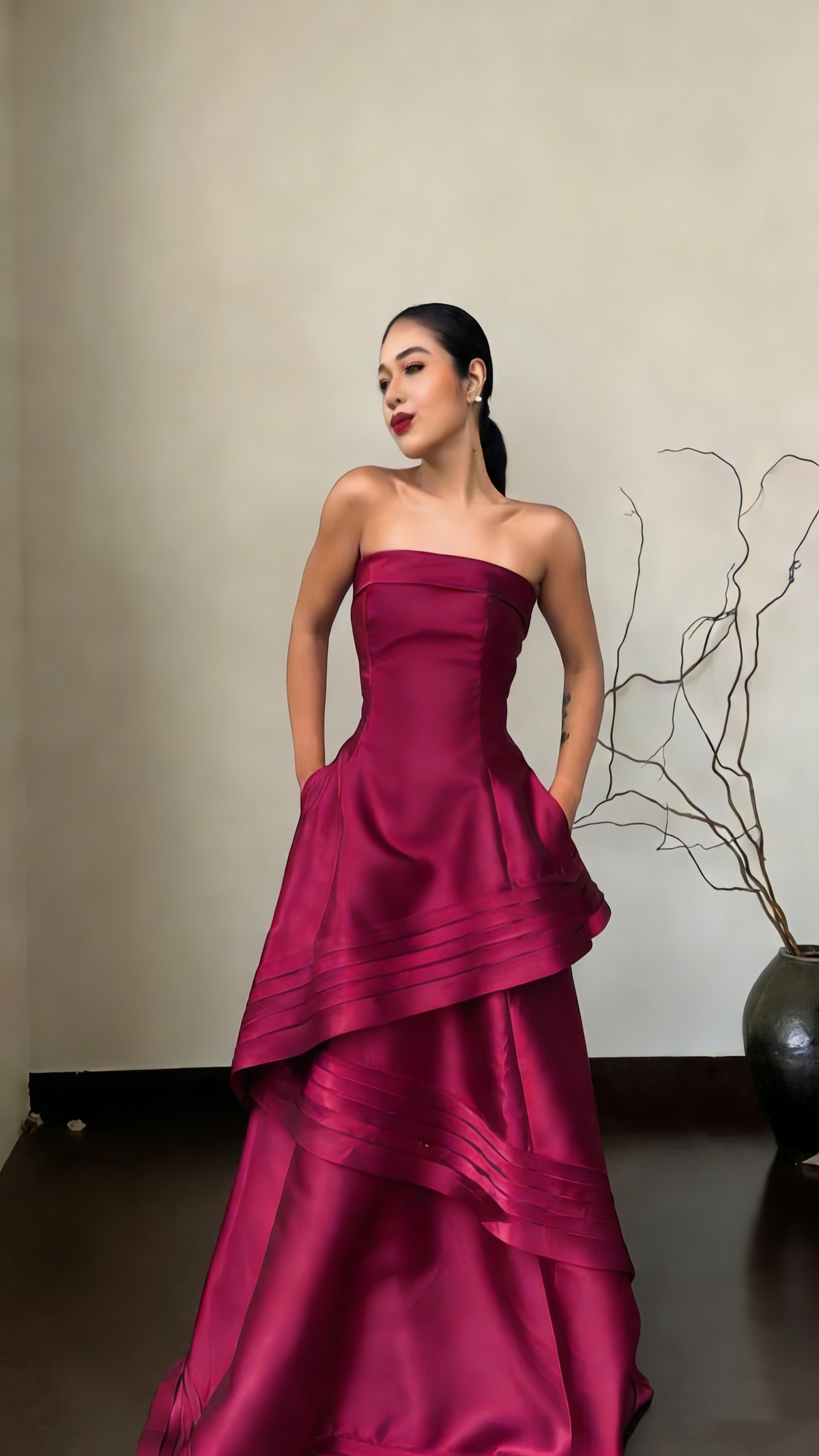 Pretty Strapless Dark Fuchsia Satin Layered Long Wedding Guest Dress Formal Party Dress Birthday Prom Dress SP1527