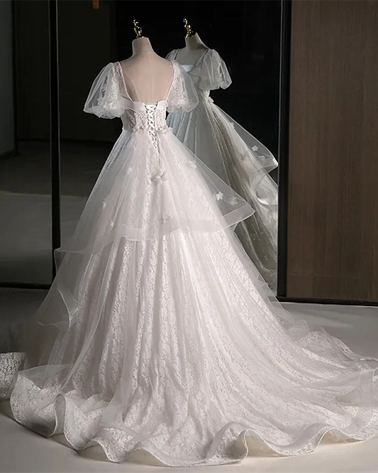 Elegant White Lace A Line Wedding Party Dress with Puff Sleeves White Lace Formal Gown
