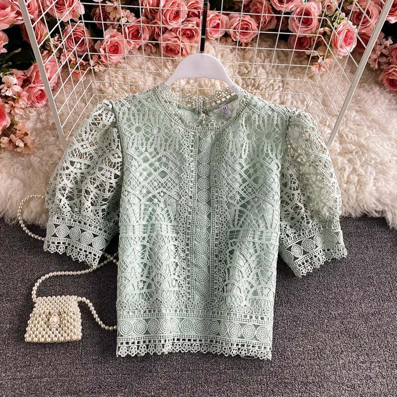 Puff-sleeved lace shirt short-sleeved solid color short top for women S3898