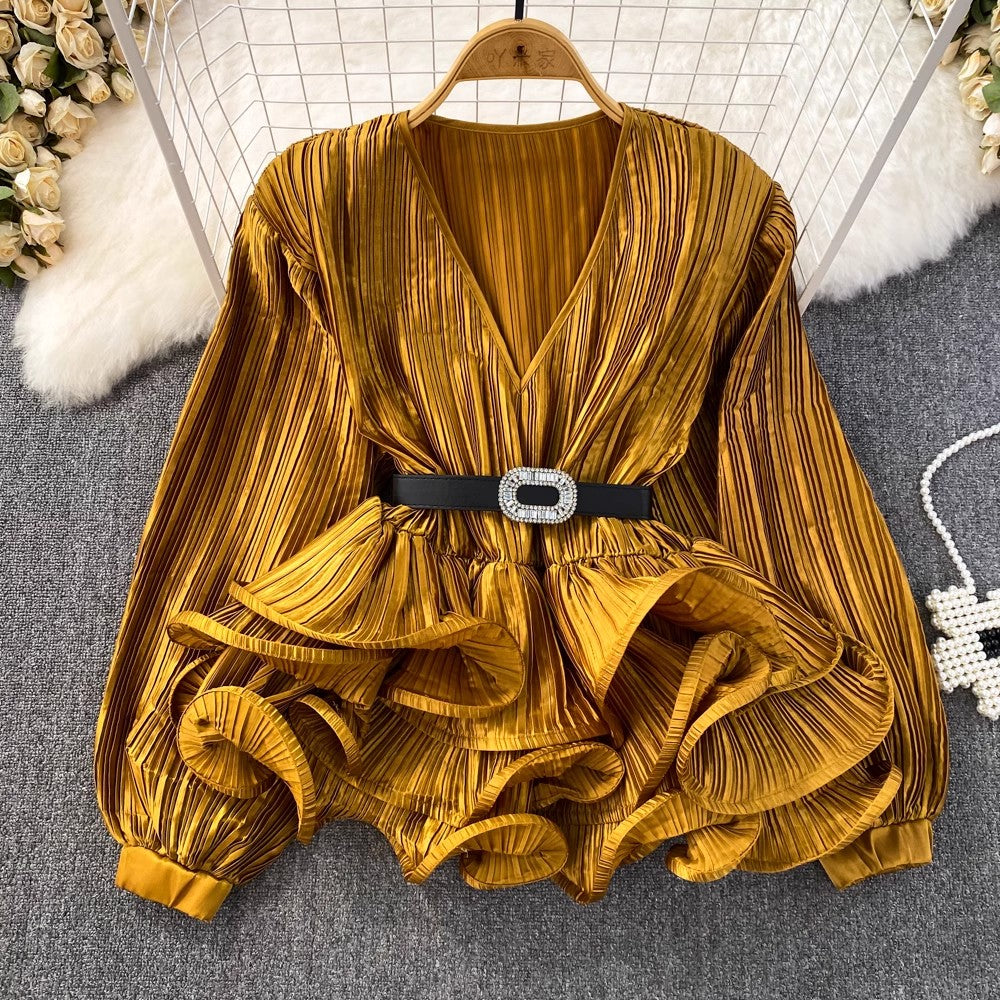 lantern long-sleeved V-neck shirt for women S3981