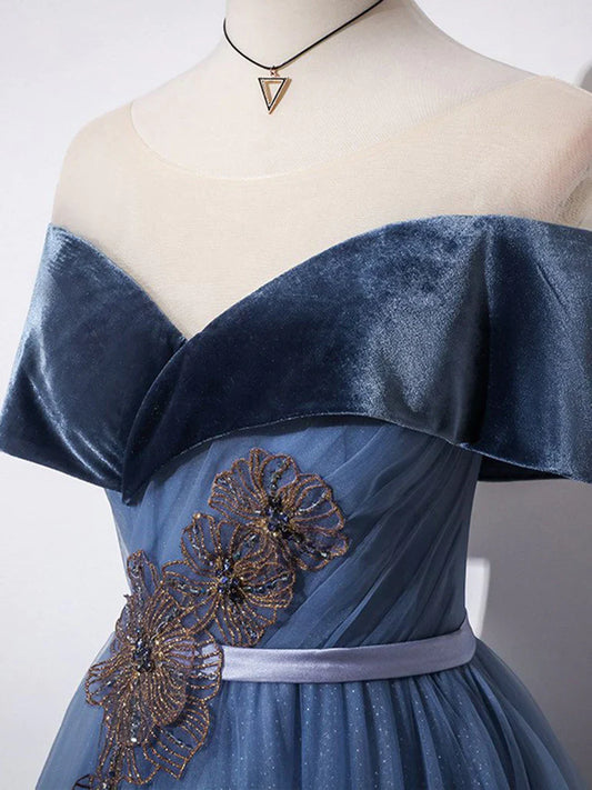 A-Line Off Shoulder Tulle Gray Blue Long Prom Dress, Blue Formal Dress MD7167