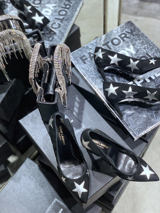 SL CHARLOTTE SILVER STAR PUMPS BLACK SUEDE