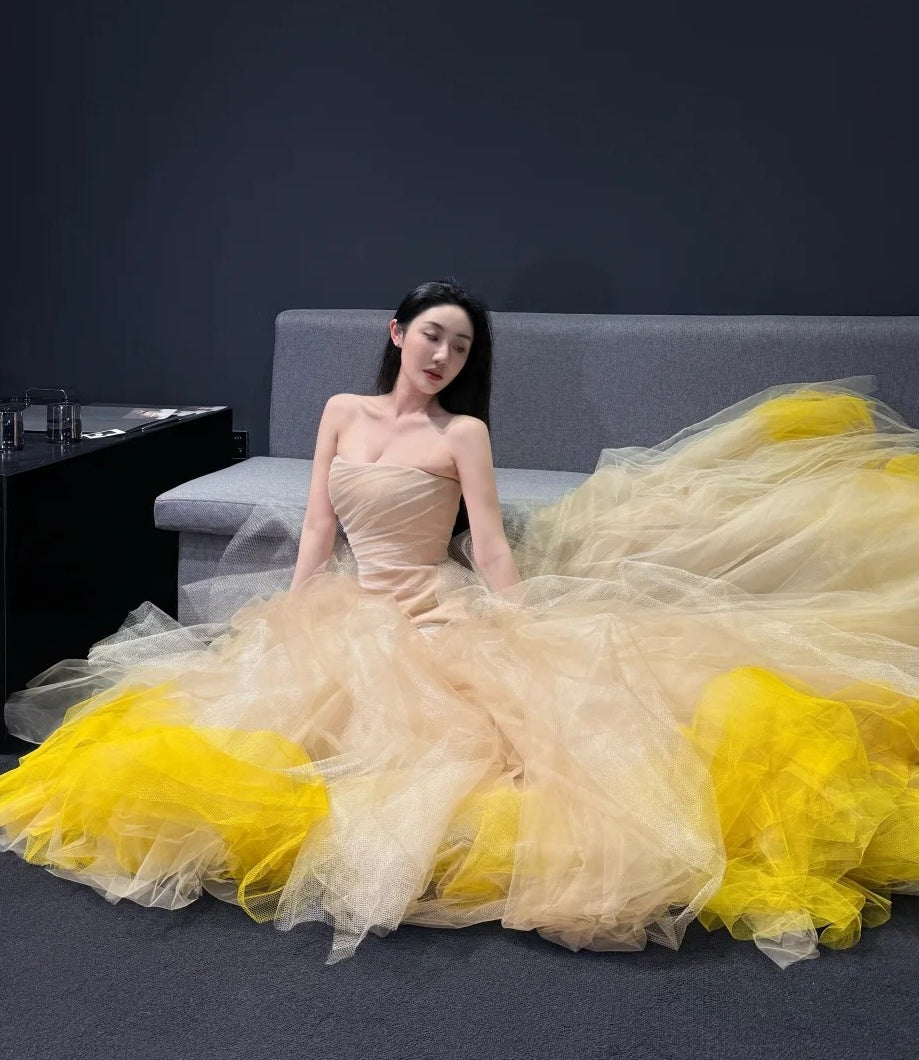 Charming Prom Dress Strapless Pleated Tulle Mermaid Gala Dress Formal Dress Evening Dress D4611