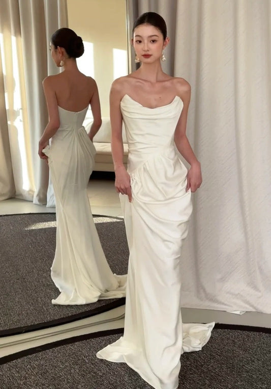Minimlaist Wedding Dress Strapless Pleated Mermaid Wedding Dress D4625