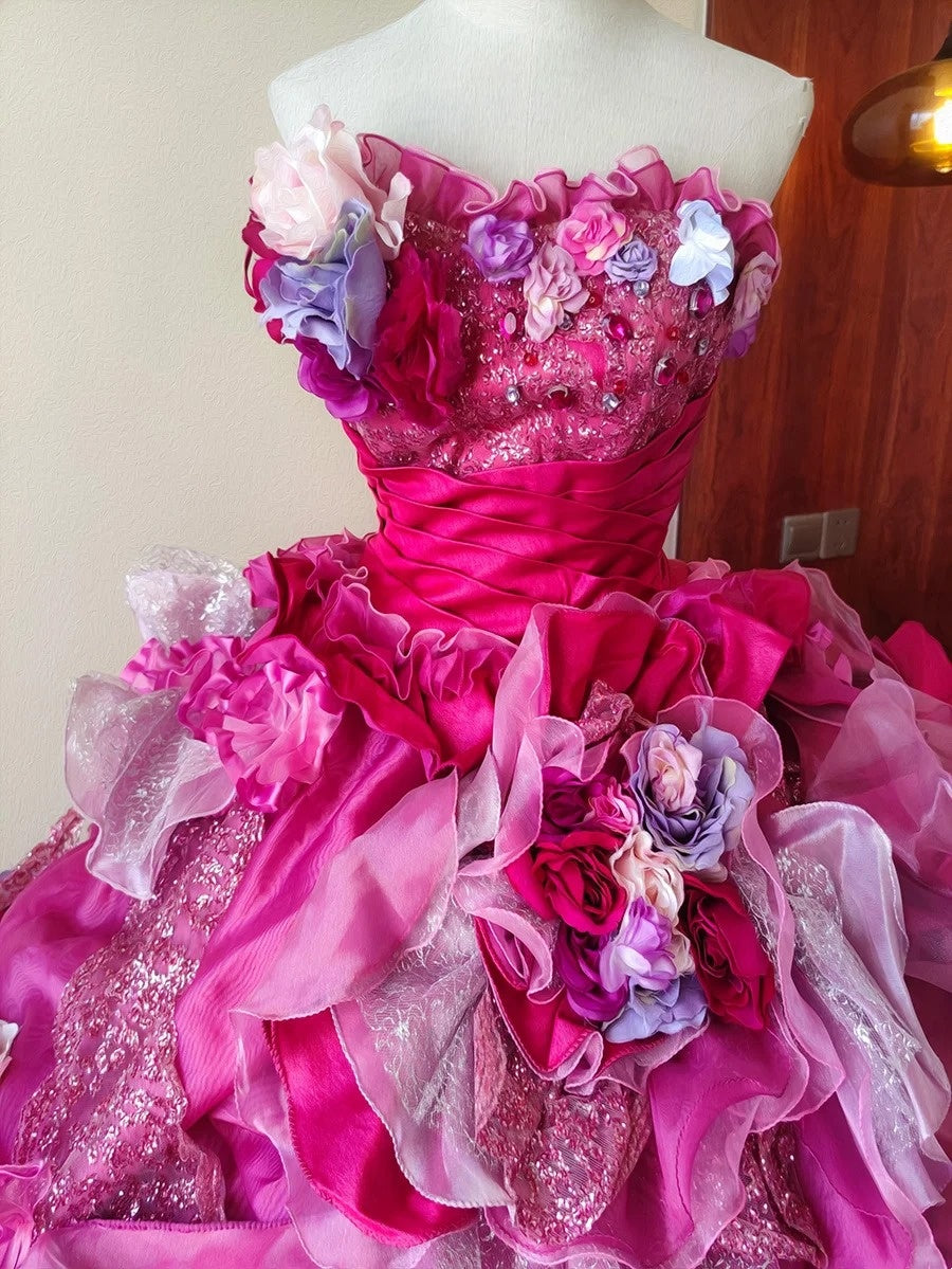 Charming Prom Dress Strapless Pleated Ruffle Evening Dress Quinceanera Dress Ball Gown D4649