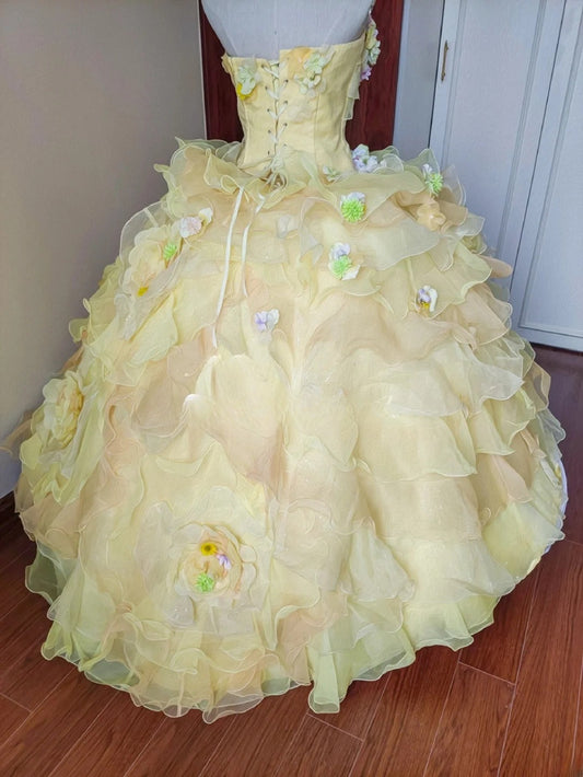 Charming Prom Dress Light Yellow Strapless Floral Ruffle Sweet 16 Dress Quinceanera Dress Ball Gown D4650