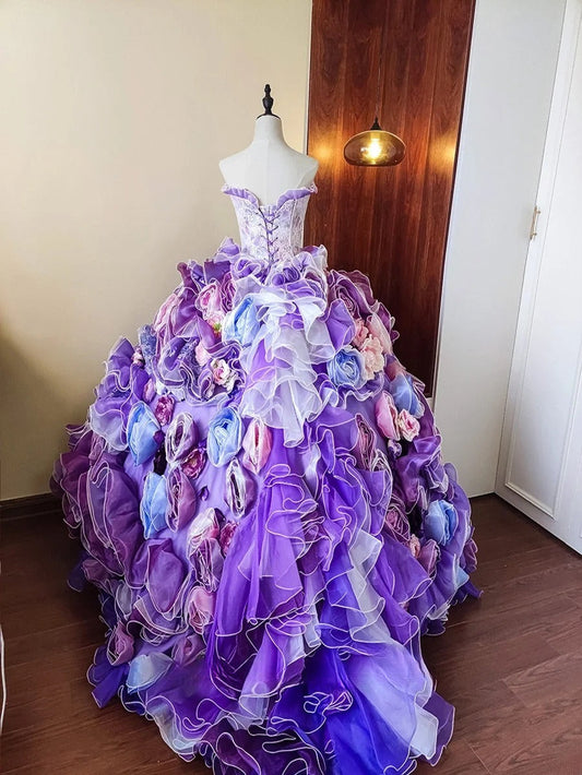 New Arrival Prom Dress Strapless Floral Ruffle Evening Dress Quinceanera Dress Ball Gown D4651