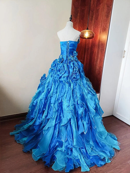 Beauty Prom Dress Blue Strapless Ruffle Tiered Evening Dress Quinceanera Dress Ball Gown D4656