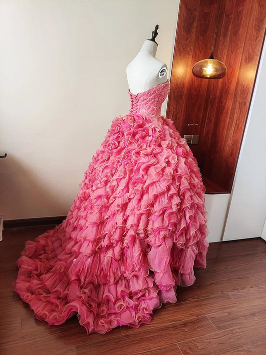 Charming Prom Dress Sweetheart Ruffle Tiered Evening Dress Sweet 16 Dress Ball Gown D4657