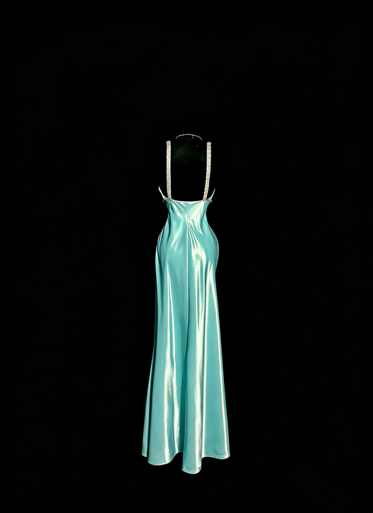 Elegant Prom Dress Satin Light Blue Spaghetti Straps Formal Dress Evening Dresses Wedding Guest Dress D4665