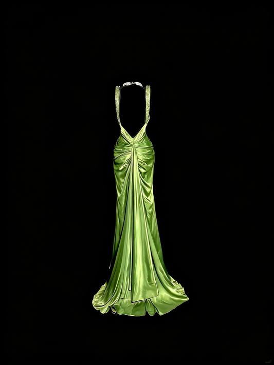 Elegant Prom Dress Lime Green Satin V-neck Pleated Mermaid Formal Dress Evening Dresses Birthday Party Dress D4672
