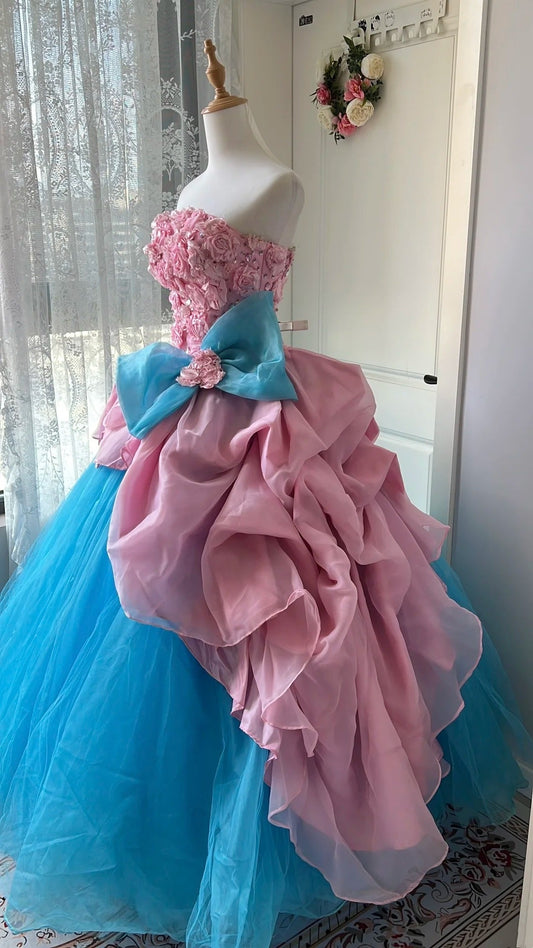 Fashion Prom Dress Strapless Floral Pleated Tulle Evening Dress Quinceanera Dress Ball Gown D4673