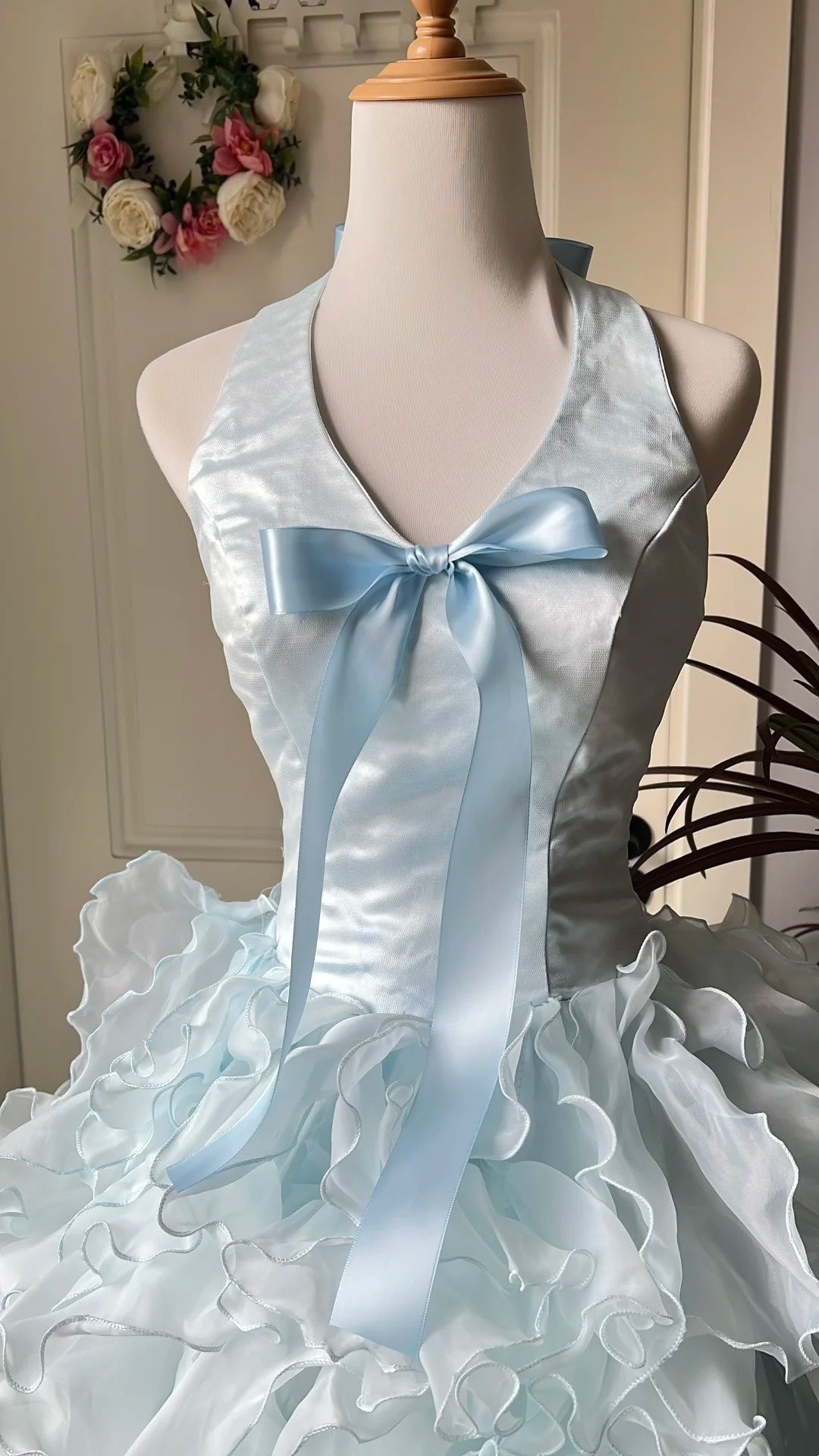 Charming Prom Dress Baby Blue Halter Ruffle Tiered Evening Dress Quinceanera Dress Ball Gown D4675