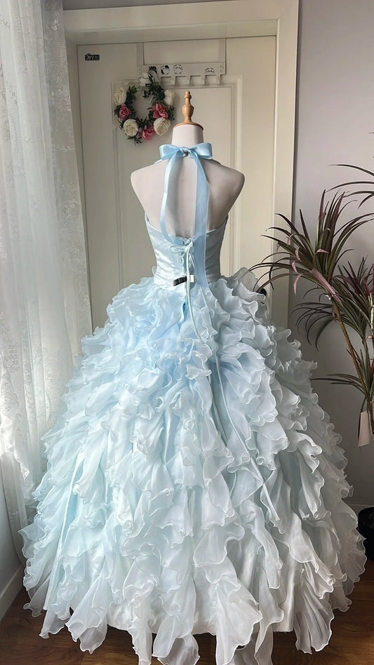 Charming Prom Dress Baby Blue Halter Ruffle Tiered Evening Dress Quinceanera Dress Ball Gown D4675