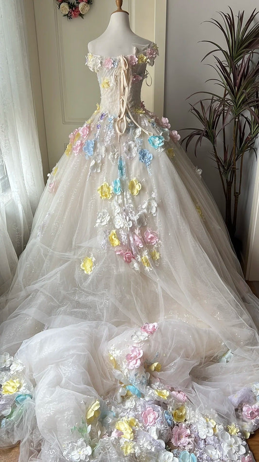 New Arrival Prom Dress Off Shoulder Tulle Pleated Floral Evening Dress Quinceanera Dress Ball Gown D4677