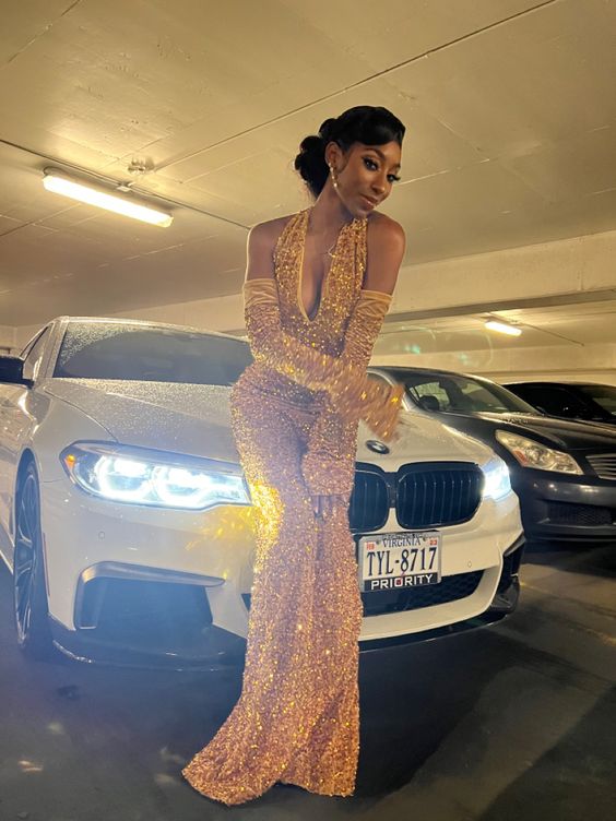 Charming Mermaid Gold Sequins Prom Dress With Side Slit S2471